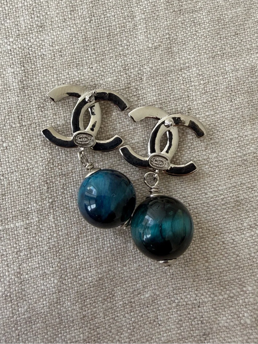 💙CHANEL Silver Crystal CC Logo Earrings with Blue and Teal Orb Drops⚡️
